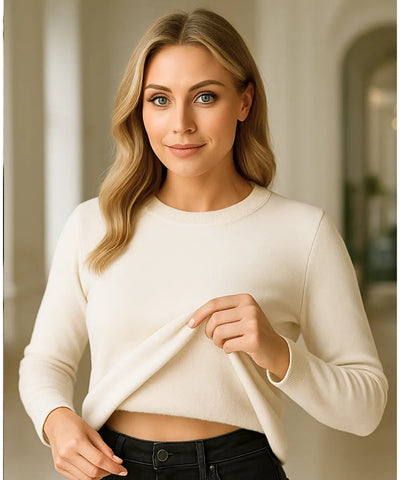 Comprar Blusa de frio feminina térmica de tricot Bege com forro peluciado elegante para inverno e dias frios em promoção ANELLIMN

