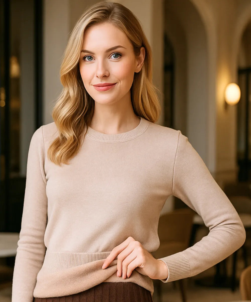 Comprar Blusa de frio feminina térmica de tricot marrom com forro peluciado elegante para inverno e dias frios em promoção ANELLIMN

