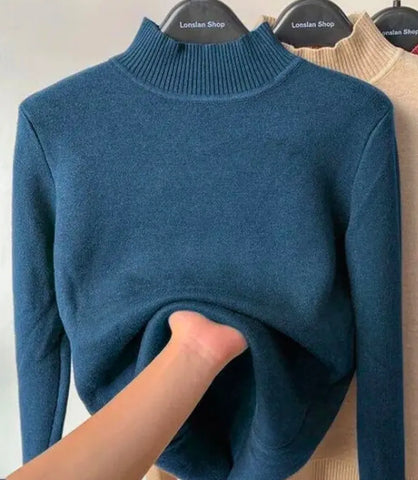 Comprar blusa de frio feminina grossa de tricot peluciada azul com gola alta e cashmere para inverno em promoção ZARA
