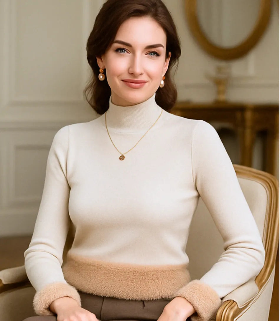 Comprar blusa de frio feminina grossa de tricot peluciada bege com gola alta e cashmere para inverno em promoção ZARA
