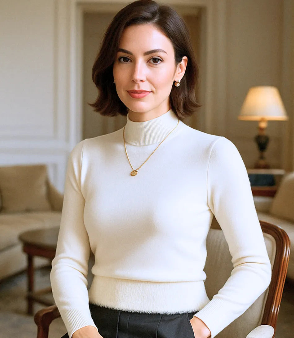 Comprar blusa de frio feminina grossa de tricot peluciada branco com gola alta e cashmere para inverno em promoção ZARA
