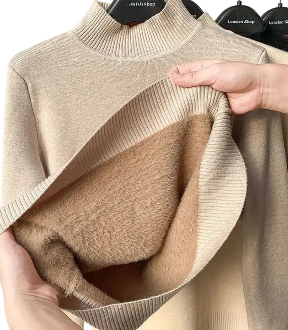 Comprar blusa de frio feminina grossa de tricot peluciada caqui com gola alta e cashmere para inverno em promoção ZARA
