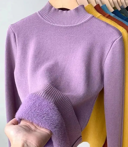 Comprar blusa de frio feminina grossa de tricot peluciada lilás com gola alta e cashmere para inverno em promoção ZARA
