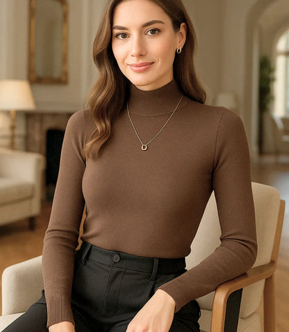 Comprar blusa de frio feminina grossa de tricot peluciada marrom com gola alta e cashmere para inverno em promoção ZARA
