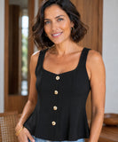 Black sleeveless button front peplum tank top with gold buttons