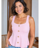 Light pink button front peplum tank top with wide straps, front view