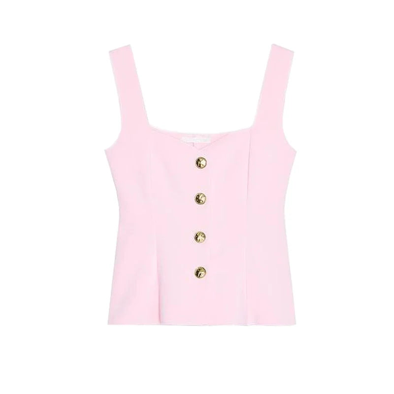Light pink button front peplum tank top flat lay on a white background