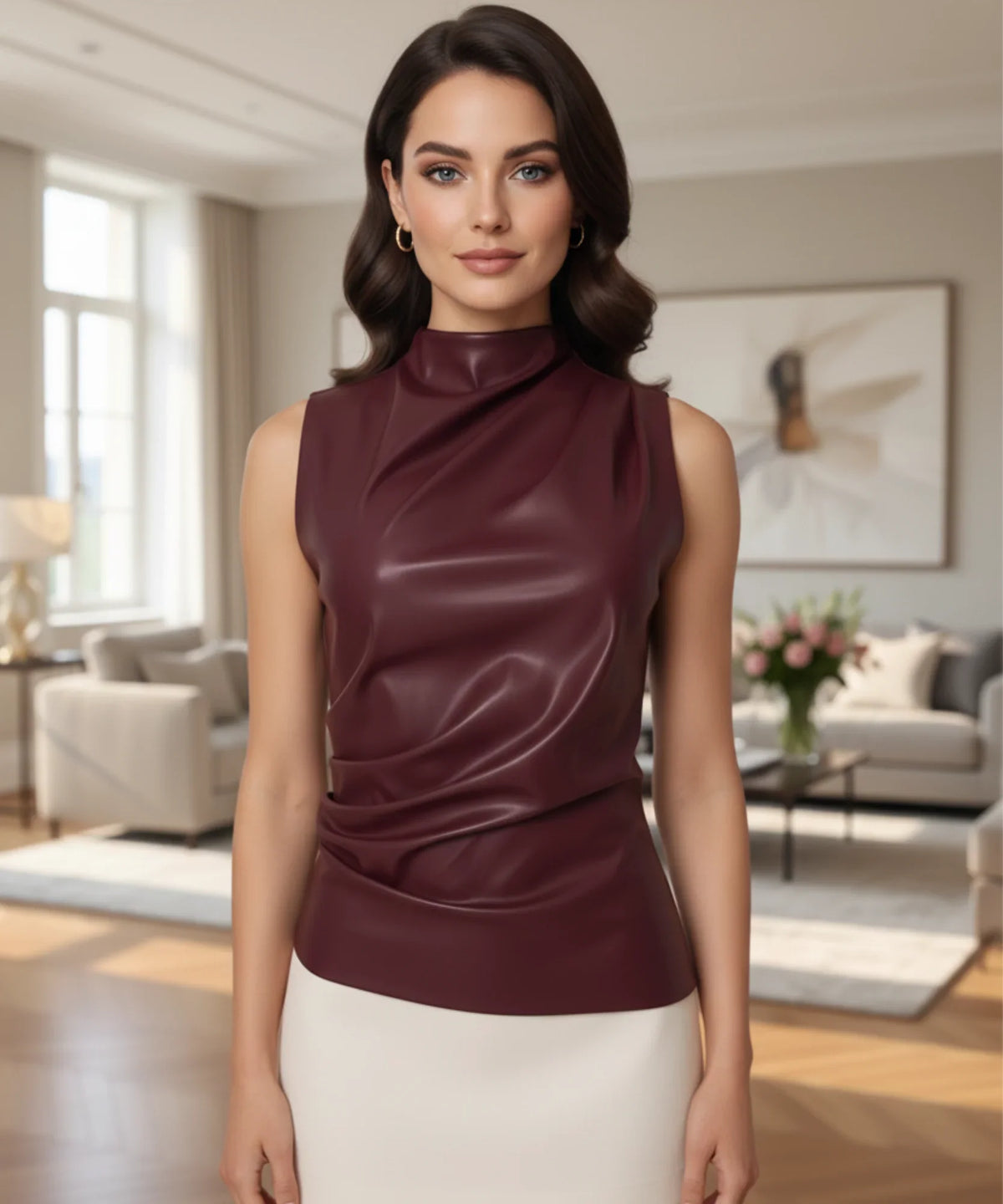 Comprar blusa elegante feminina assimétrica couro sintético gola alta social festa escritório moderna sofisticada barato