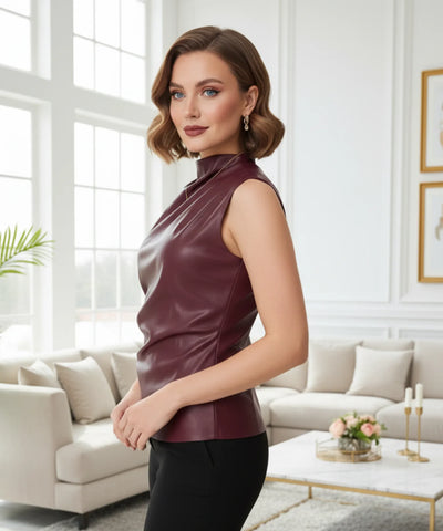 Comprar blusa elegante feminina assimétrica couro sintético gola alta social festa escritório moderna sofisticada barato