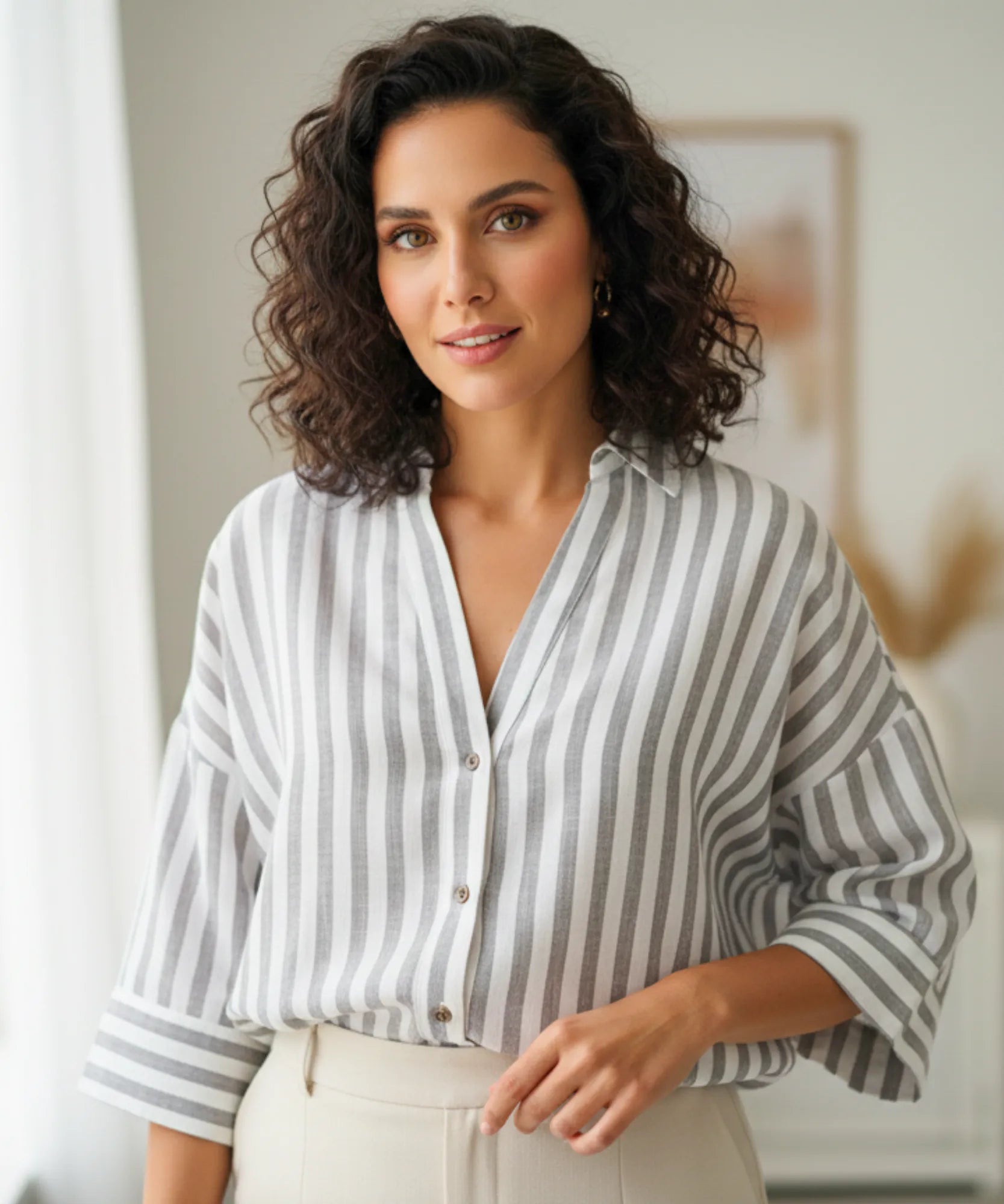 Comprar blusa feminina manga longa algodão linho listrado modelagem ampla casual trabalho barato ou em promoção ZARA
