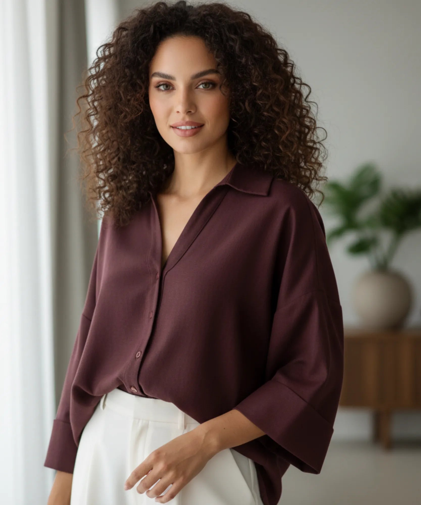 Comprar blusa feminina manga longa algodão linho marrom modelagem ampla casual trabalho barato ou em promoção ZARA
