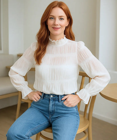 Women's Long Sleeve Dressy Top with High Neck Elegant | Belle