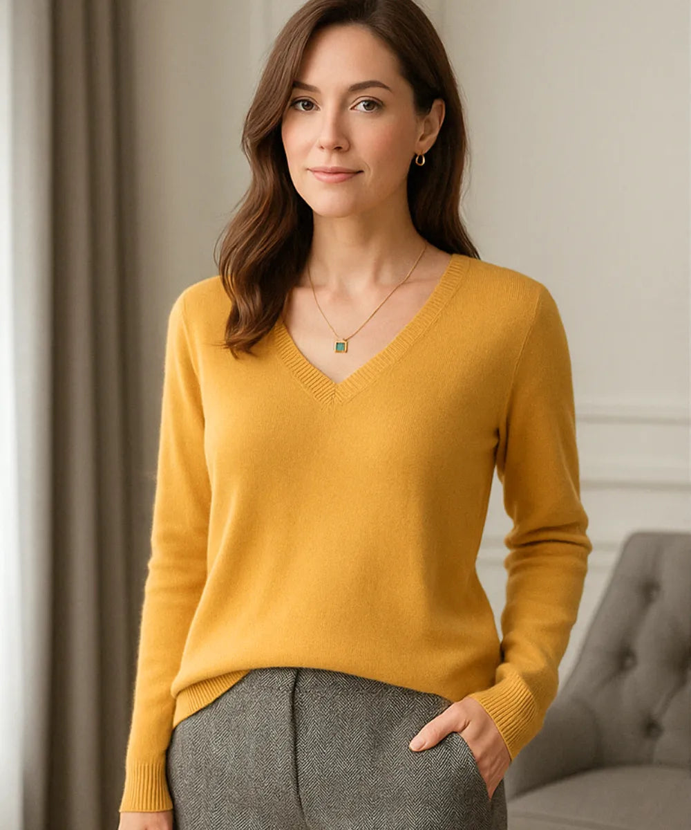 Comprar blusa feminina manga longa de tricot amarelo com decote V elegante para inverno casual com estilo sofisticado cashemere ZARA
