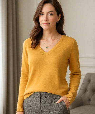 Comprar blusa feminina manga longa de tricot amarelo com decote V elegante para inverno casual com estilo sofisticado cashemere ZARA
