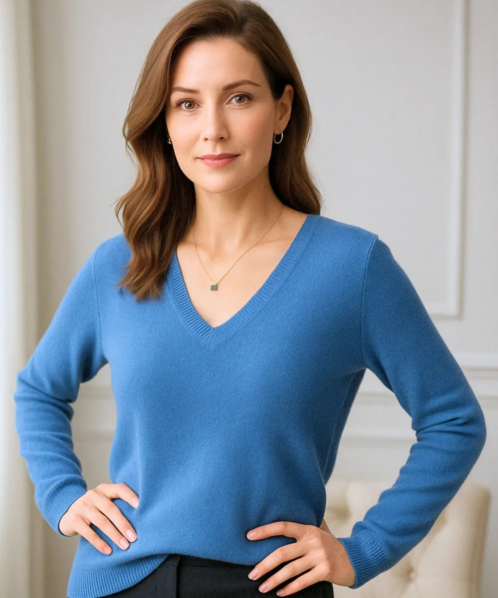 Comprar blusa feminina manga longa de tricot azul com decote V elegante para inverno casual com estilo sofisticado cashemere ZARA
