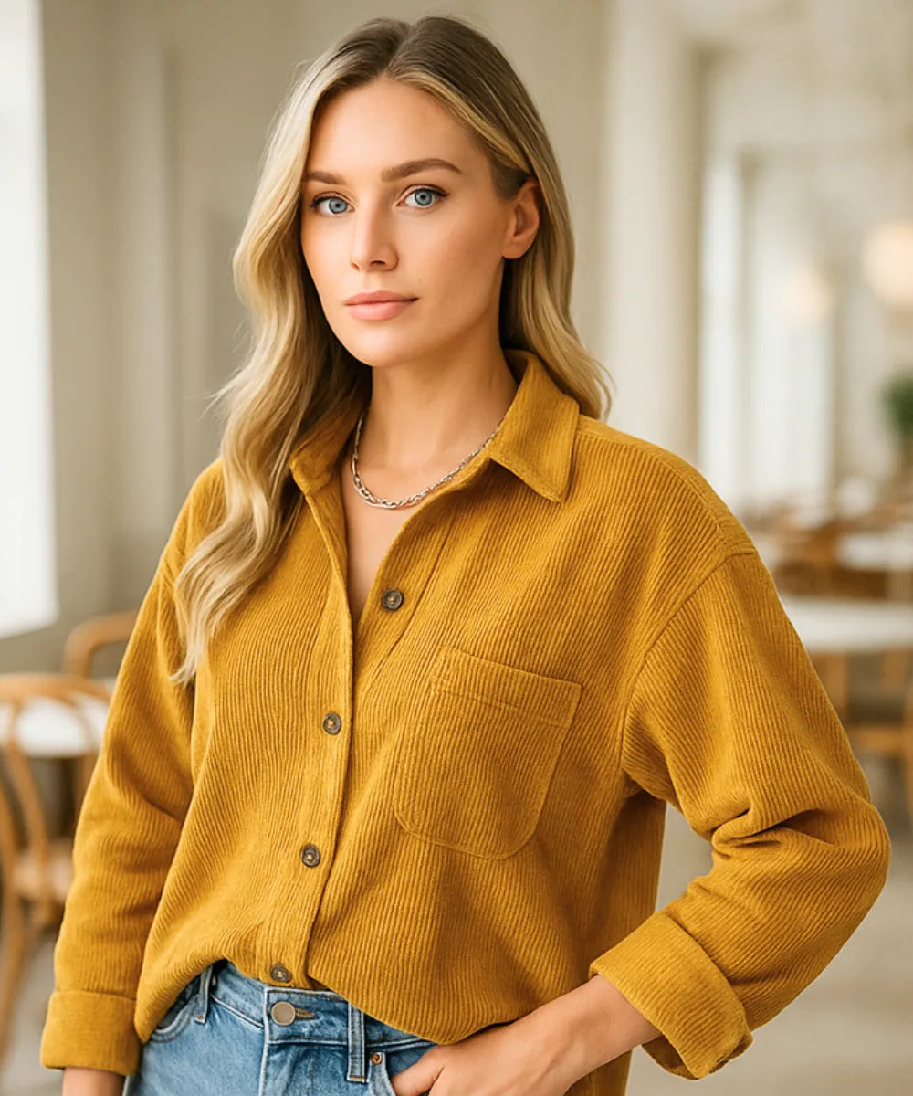 Comprar Blusa feminina manga longa amarelo oversized de veludo cotelê para dias frios, sobreposição casual e looks urbanos ANELLIMN
