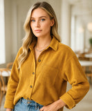 Comprar Blusa feminina manga longa amarelo oversized de veludo cotelê para dias frios, sobreposição casual e looks urbanos ANELLIMN
