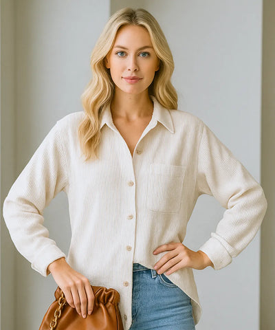 Comprar Blusa feminina manga longa branco oversized de veludo cotelê para dias frios, sobreposição casual e looks urbanos ANELLIMN
