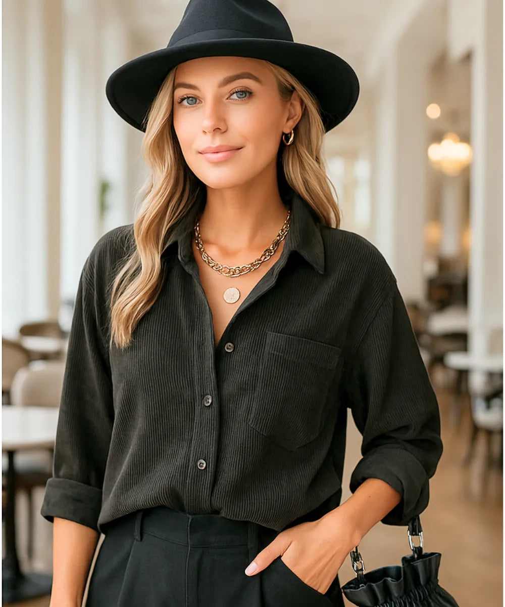 Comprar Blusa feminina manga longa preto oversized de veludo cotelê para dias frios, sobreposição casual e looks urbanos ANELLIMN
