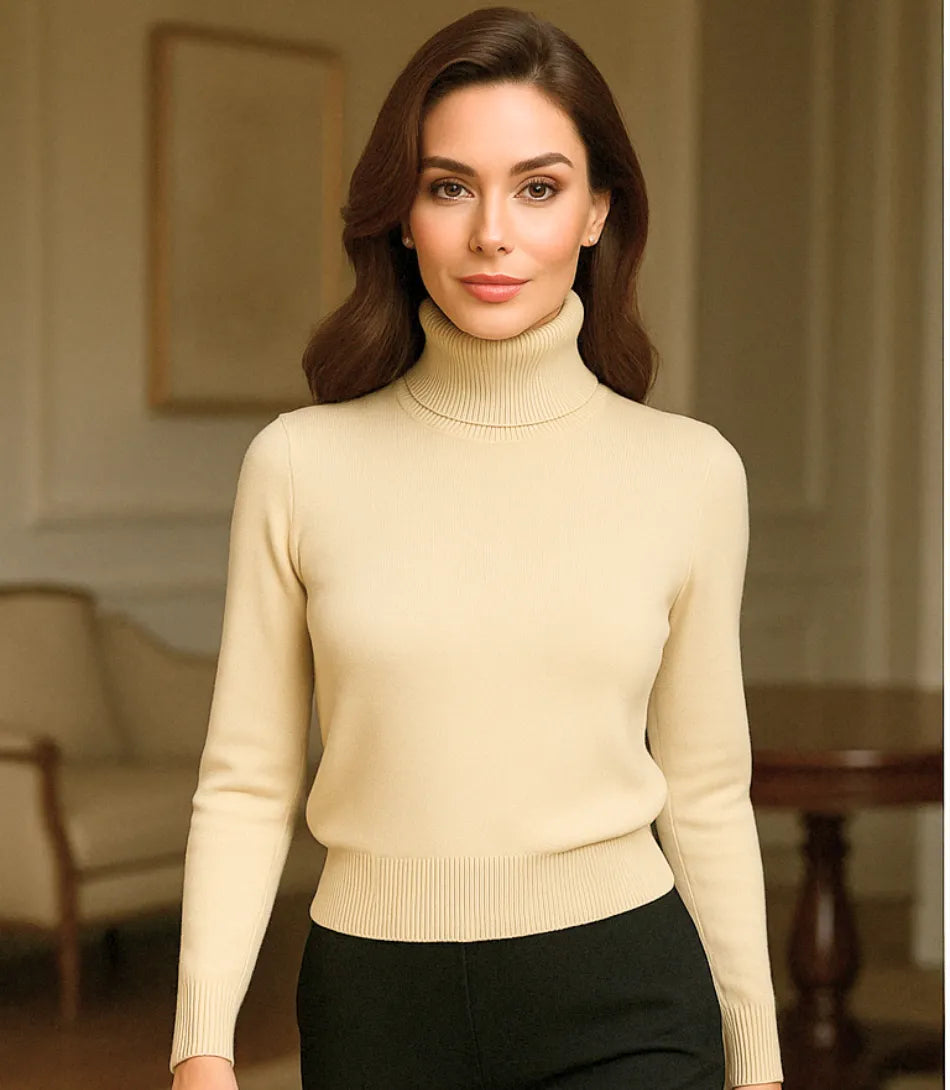 Comprar blusa de frio feminina grossa de tricot térmica cashemere bege com gola alta peluciada aconchegante e sofisticado para o inverno em promoção ZARA
