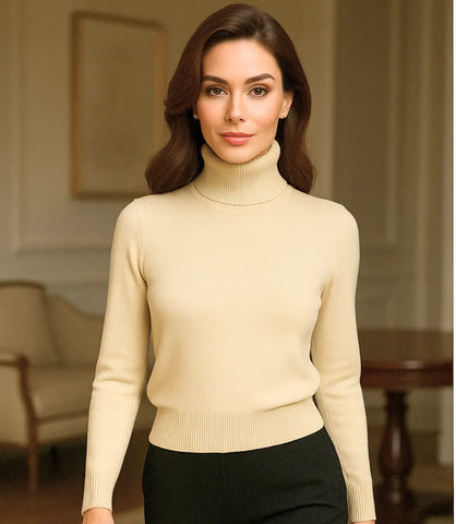 Comprar blusa de frio feminina grossa de tricot térmica cashemere bege com gola alta peluciada aconchegante e sofisticado para o inverno em promoção ZARA
