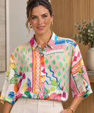 Women's linen shirt with pastel patchwork print, front view