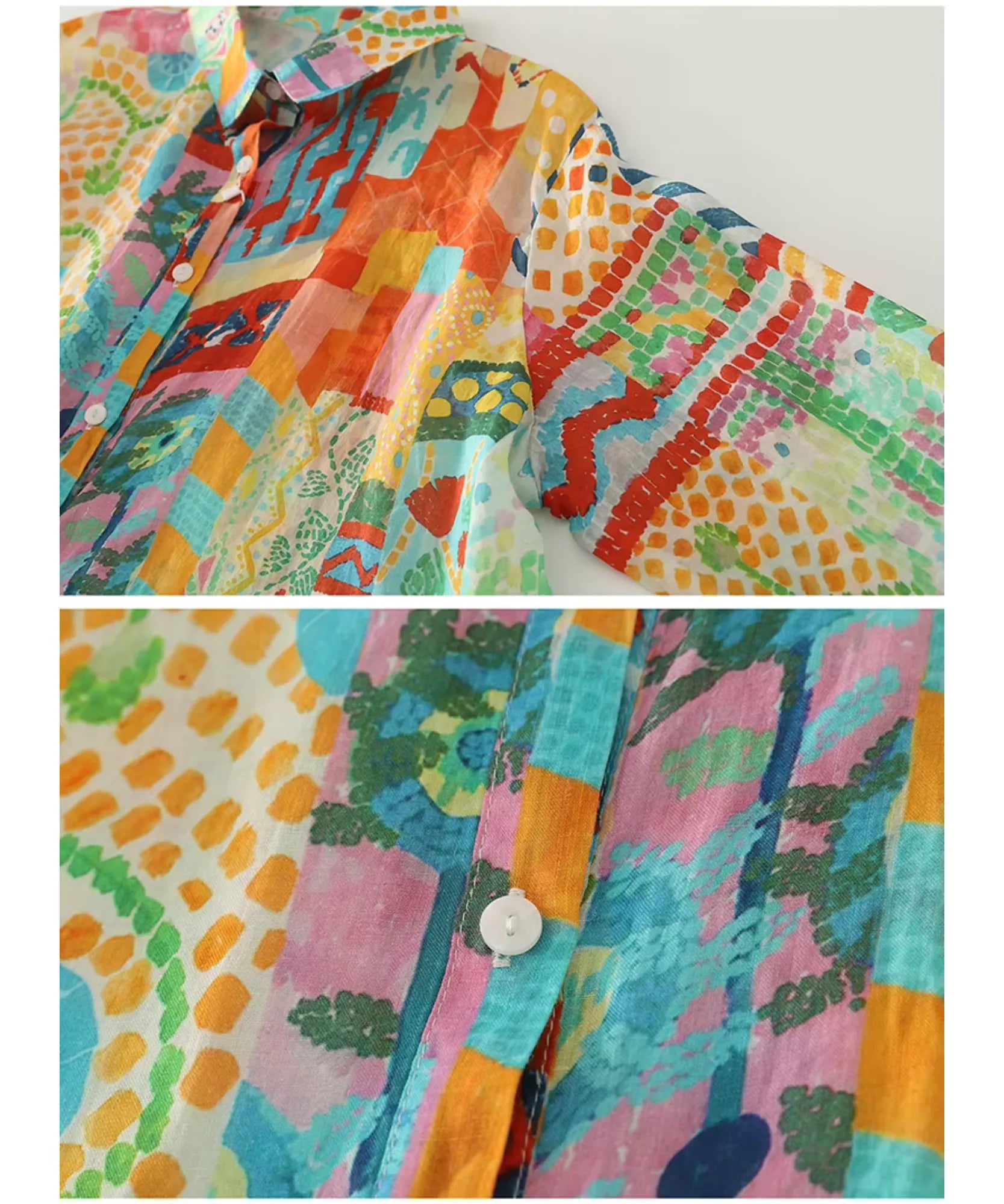 Close-up of aqua patchwork print and buttons on a women's linen shirt