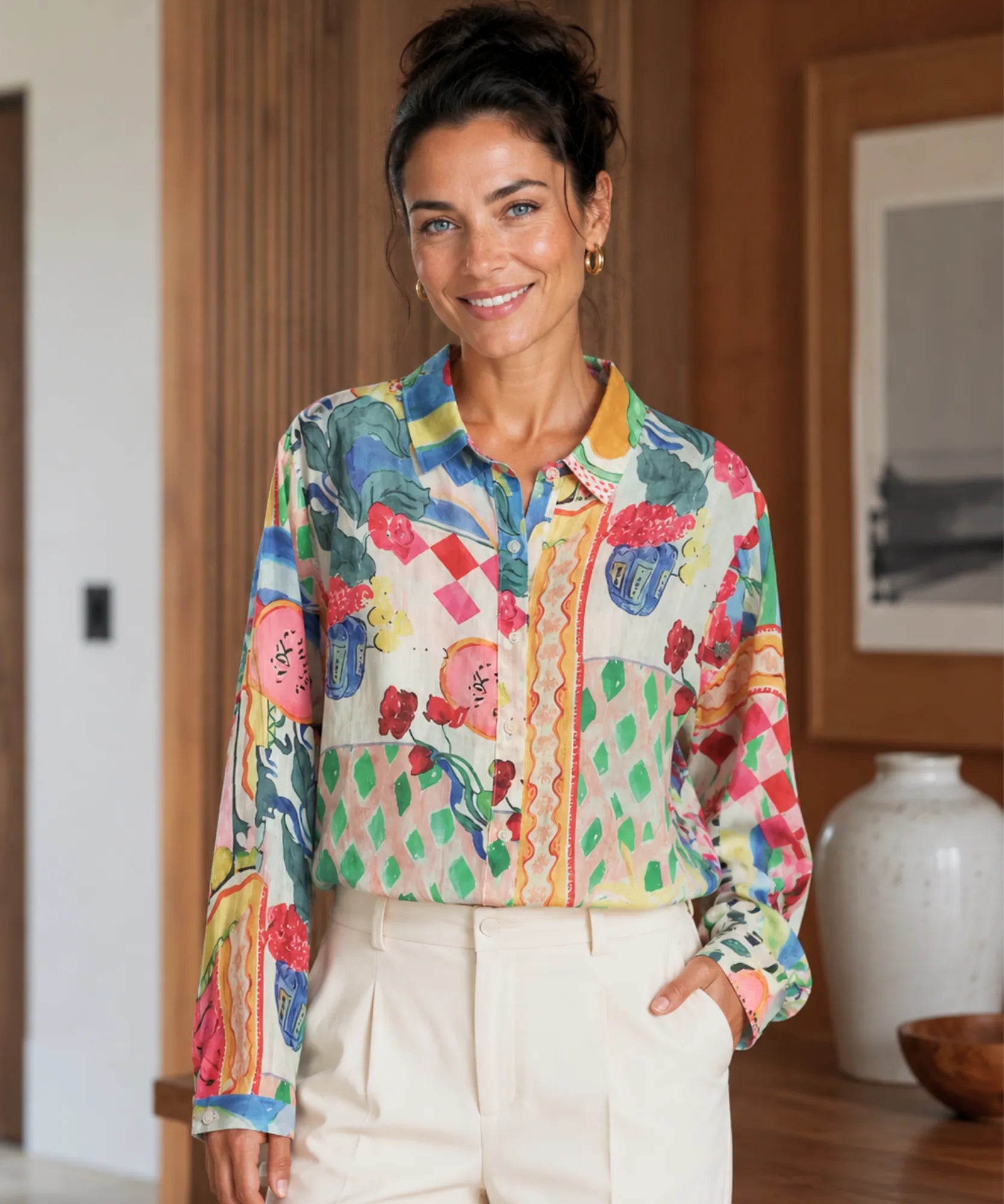 Women's linen shirt with cobalt and pink patchwork print styled with ivory trousers
