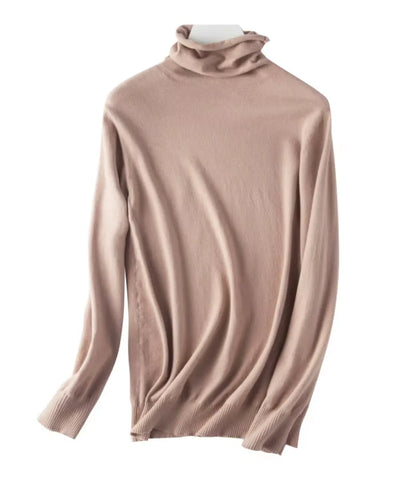 Comprar blusa de malha feminina caqui gola alta em tricot macio com fio cashmere para looks elegantes no outono e inverno em promoção ZARA
