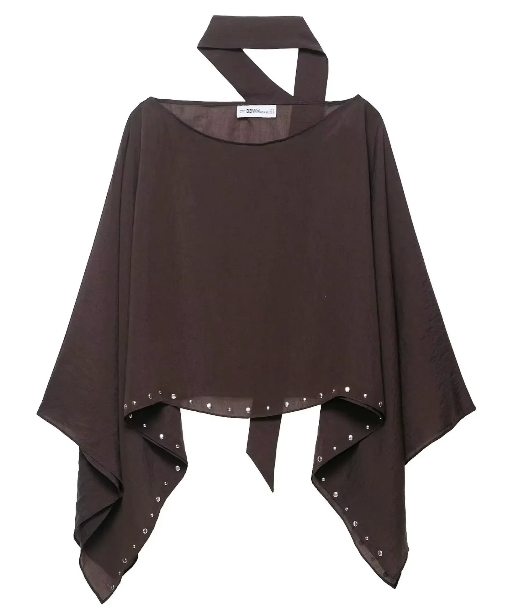 Flat lay of dark brown cape top with scarf collar and studded pointed hem
