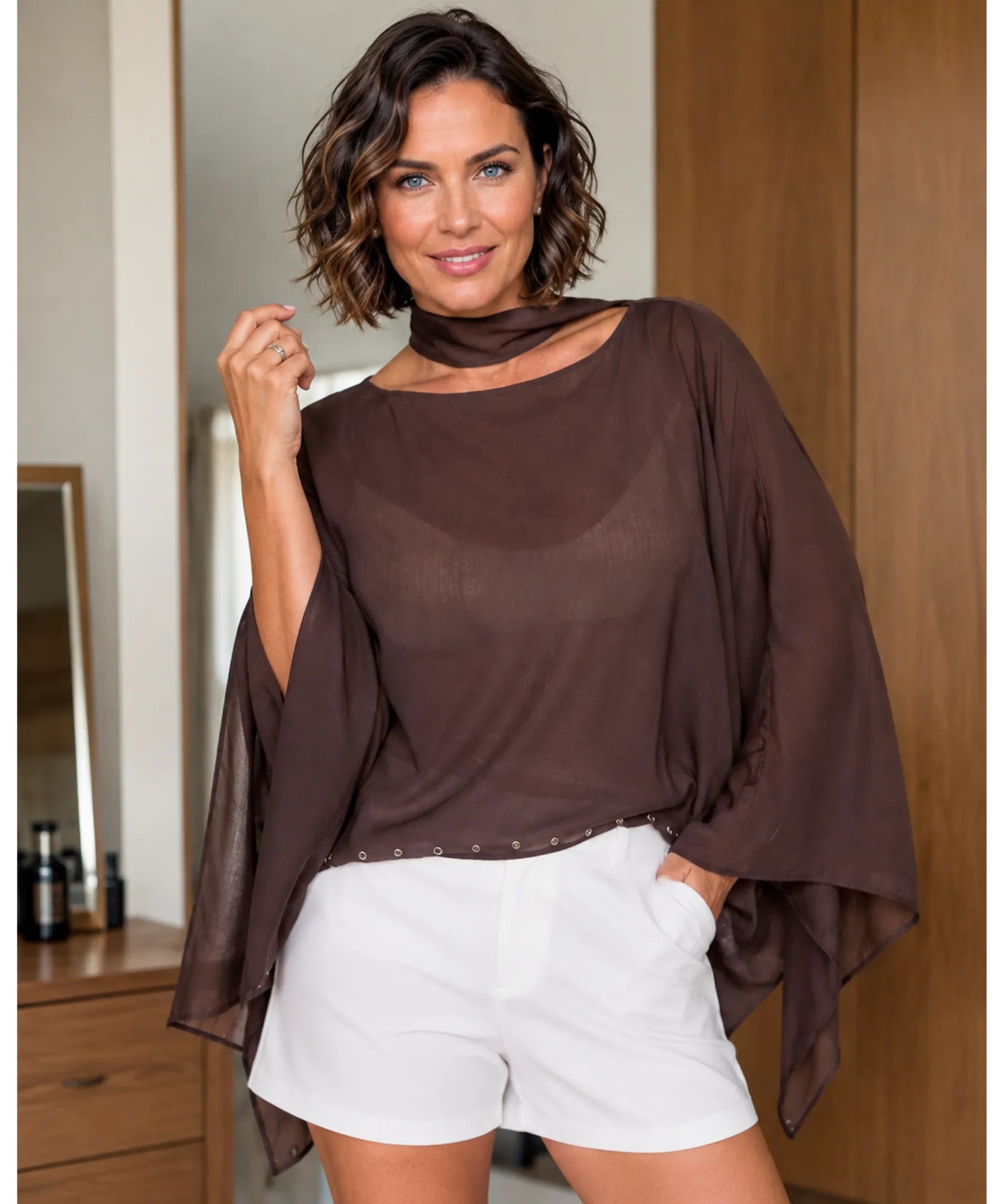 Dark brown sheer cape top with scarf collar, close front view