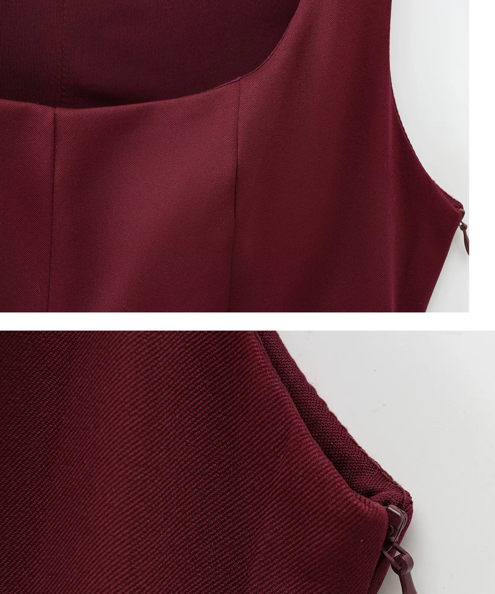 Close-up of burgundy stretch tailoring at the neckline and side zip