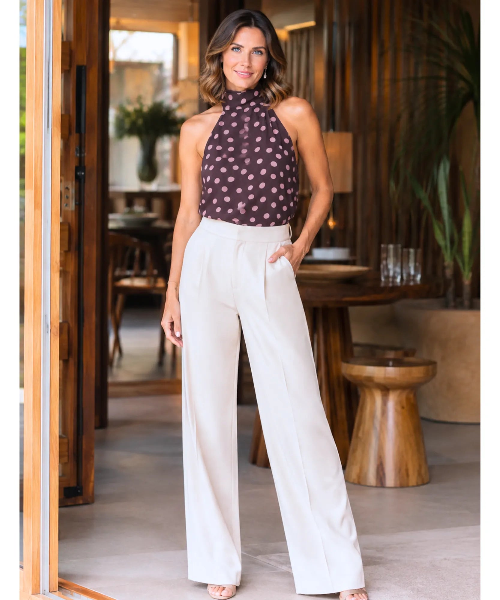 Full-length view of a brown polka dot halter top with wide-leg ivory trousers