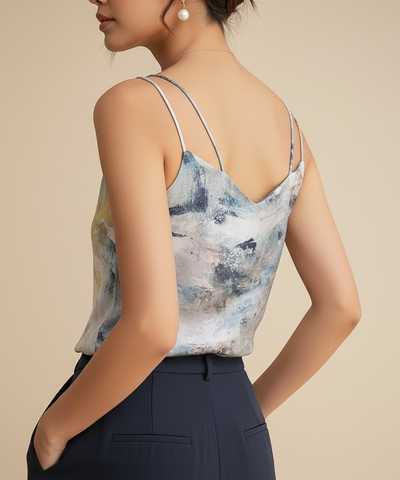 Comprar blusa regata feminina cetim estampa aquarela decote V alças ajustáveis elegante barato ZARA