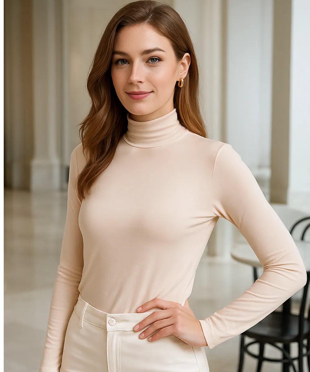 Comprar blusa segunda pele feminina bege gola alta modal confortável ajustada ao corpo para looks casuais no frio em promoção ANELLIMN
