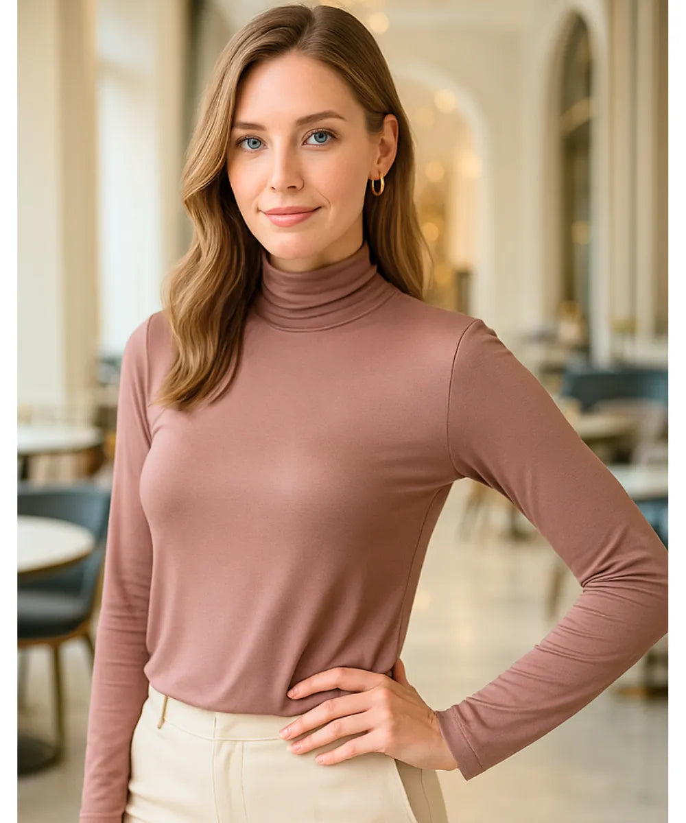 Comprar blusa segunda pele feminina caqui gola alta modal confortável ajustada ao corpo para looks casuais no frio em promoção ANELLIMN
