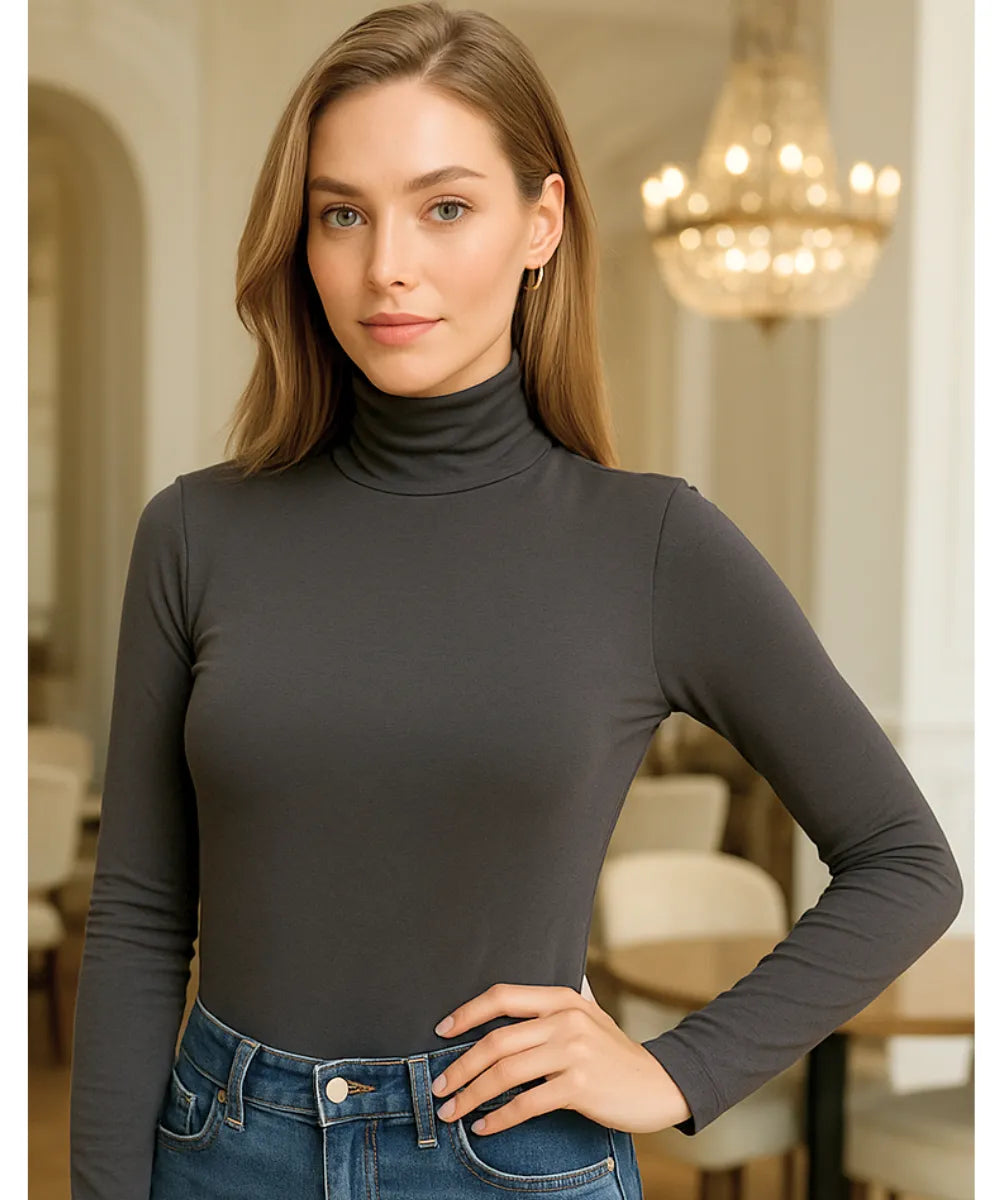 Comprar blusa segunda pele feminina cinza escuro gola alta modal confortável ajustada ao corpo para looks casuais no frio em promoção ANELLIMN

