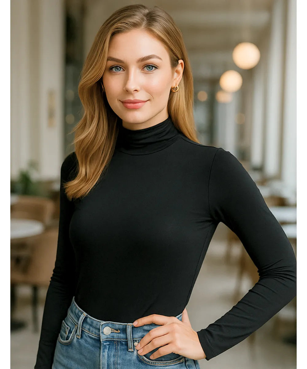 Comprar blusa segunda pele feminina preto gola alta modal confortável ajustada ao corpo para looks casuais no frio em promoção ANELLIMN
