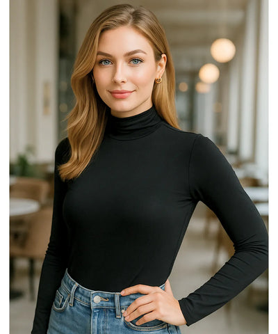 Comprar blusa segunda pele feminina preto gola alta modal confortável ajustada ao corpo para looks casuais no frio em promoção ANELLIMN
