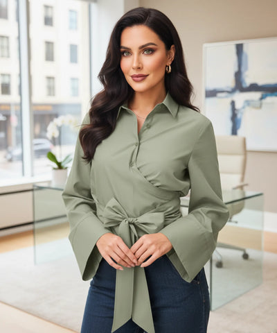 Comprar blusa social feminina em algodão verde com manga longa para trabalho e ocasiões especiais barato ZARA