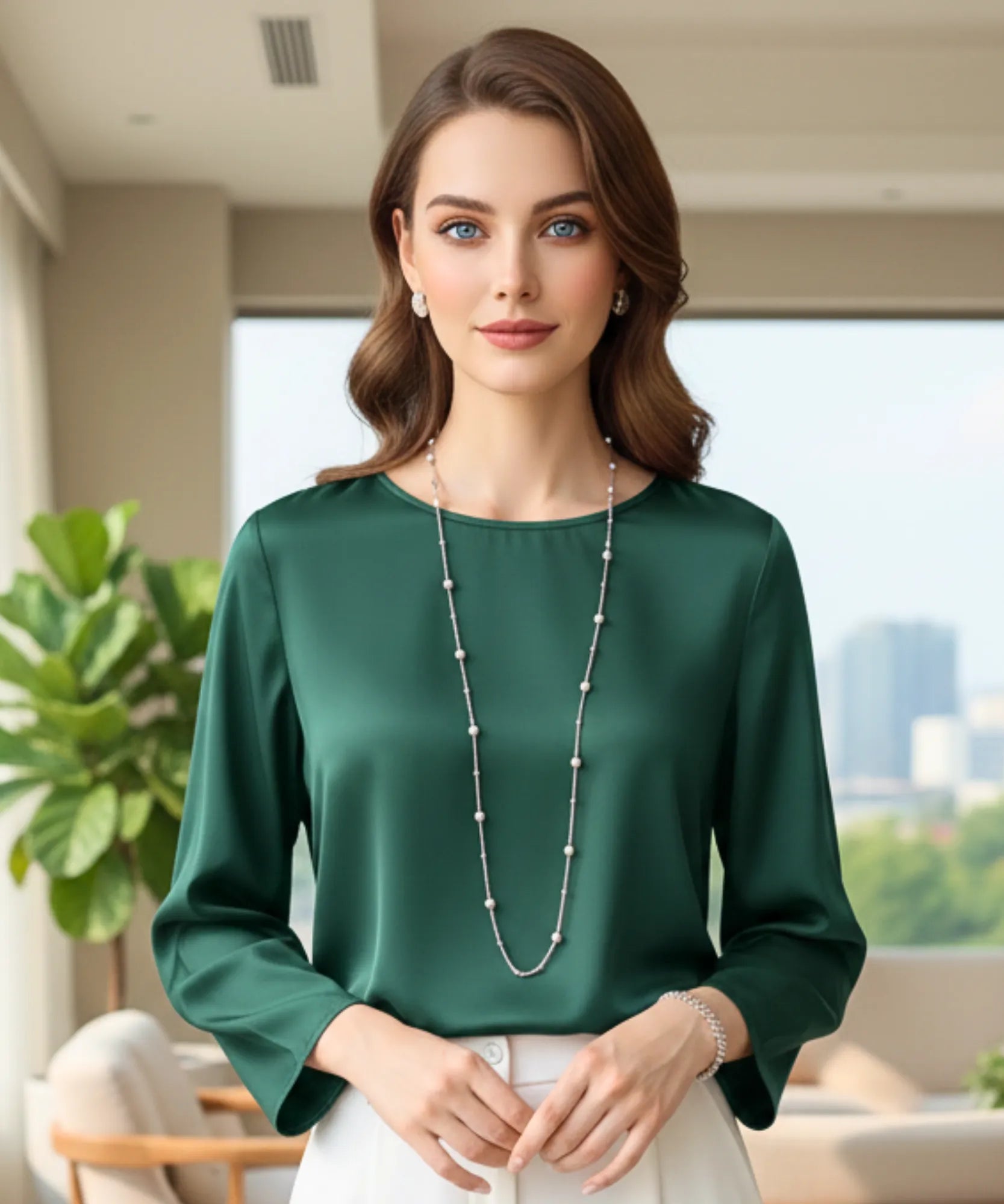Comprar blusa social feminina em cetim verde com manga ampla elegante para trabalho ou eventos em promoção ZARA