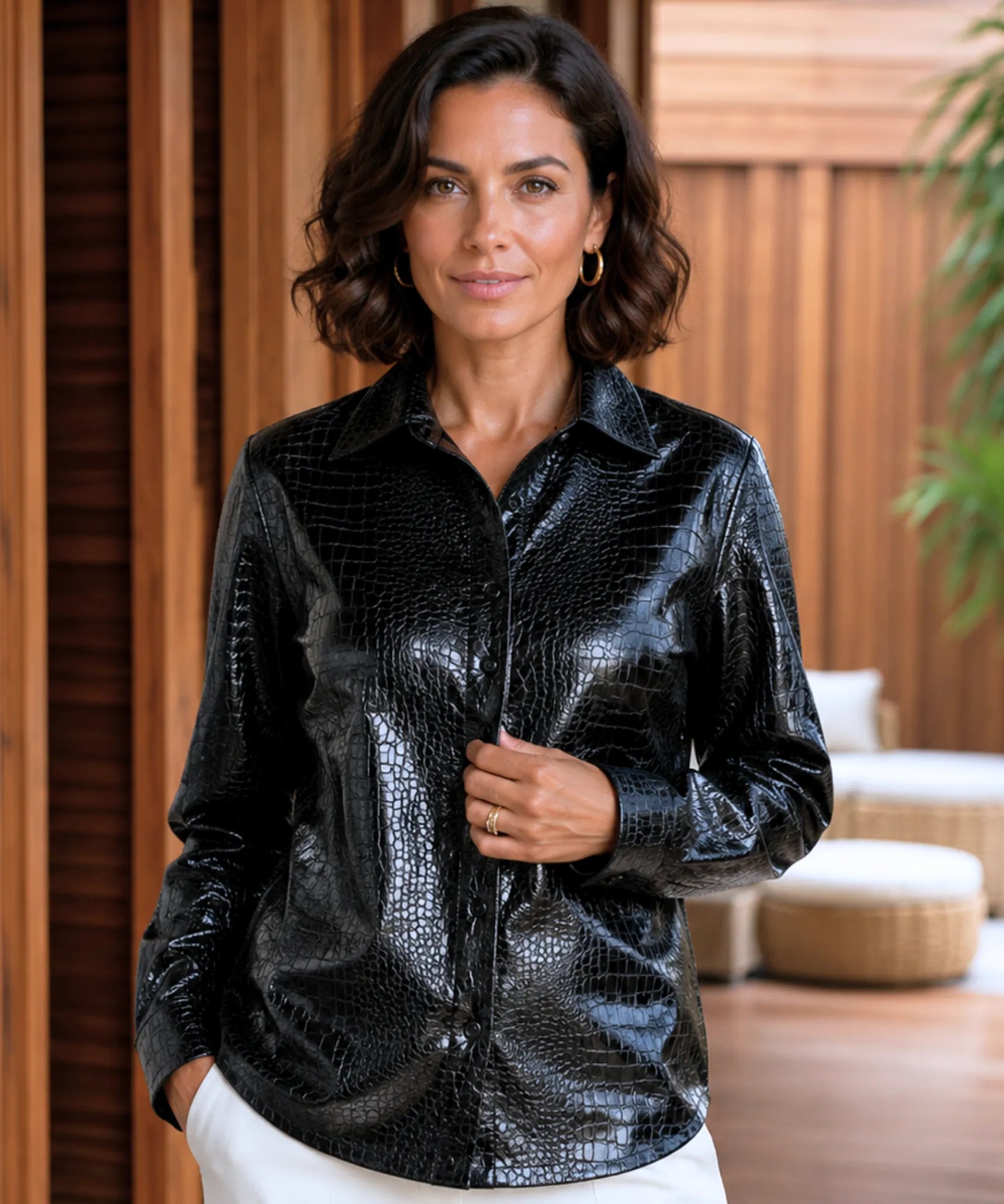 Women's black croc-embossed leather blouse, front view
