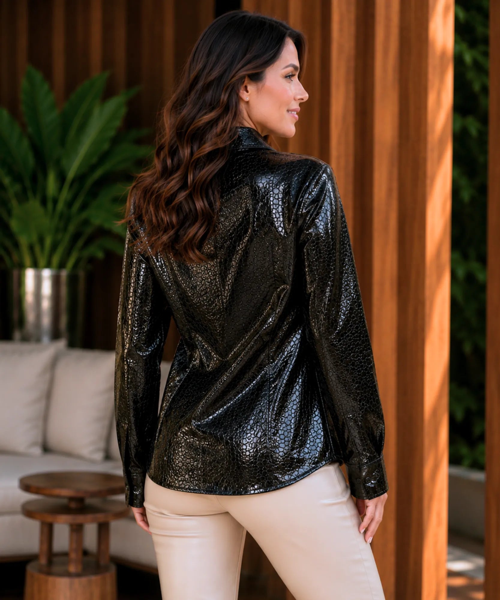 Women's black croc-embossed leather blouse, sleeve cuff detail