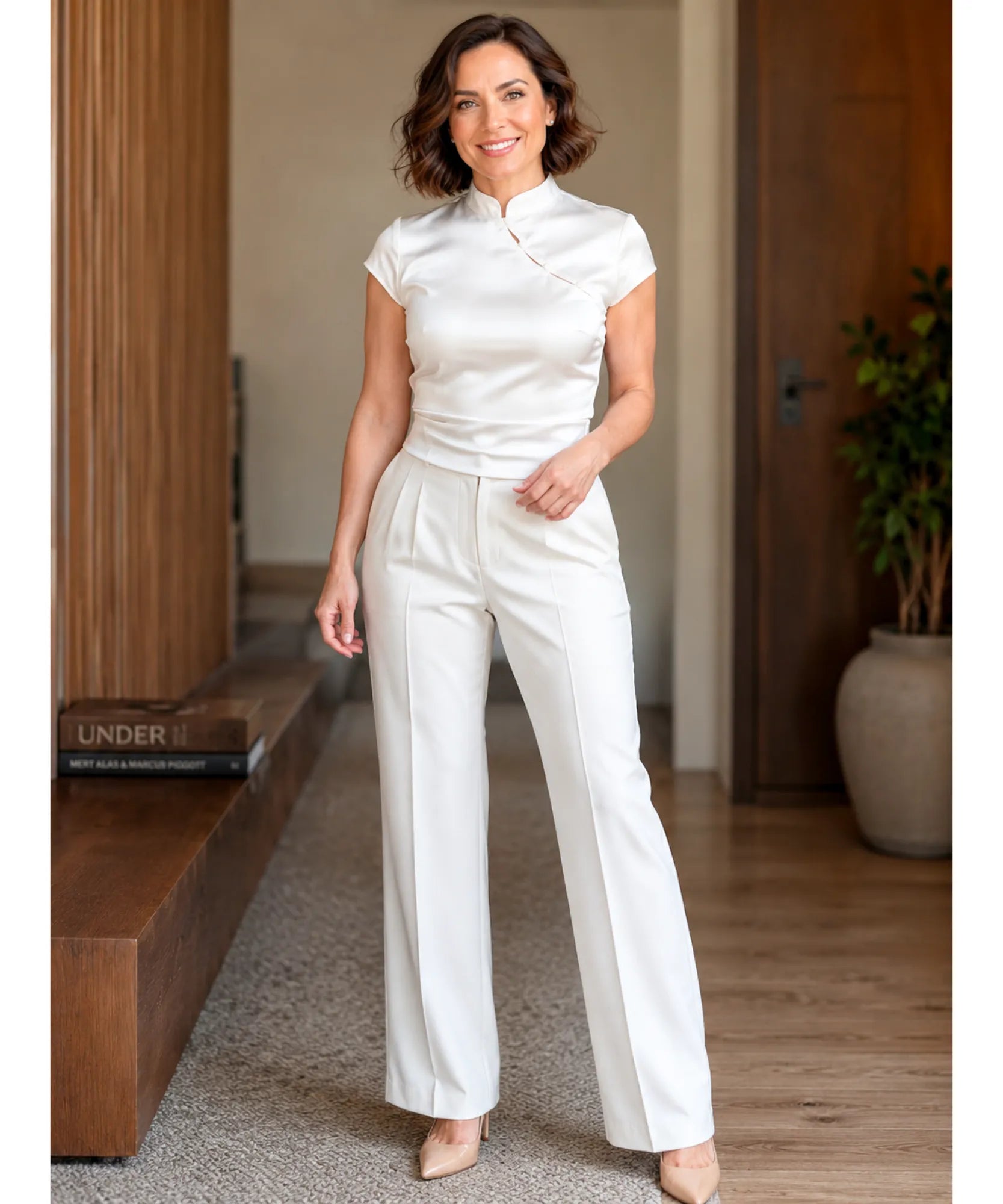 Women's high neck satin blouse, white, side view