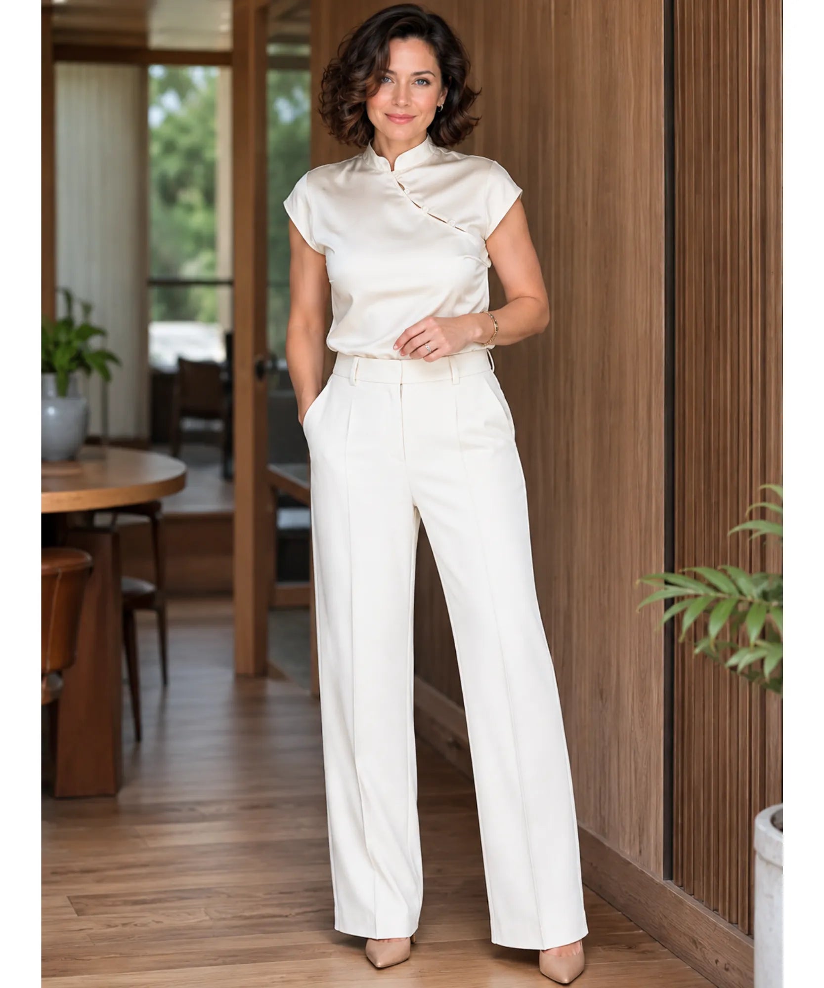 Women's high neck satin blouse, full-length view