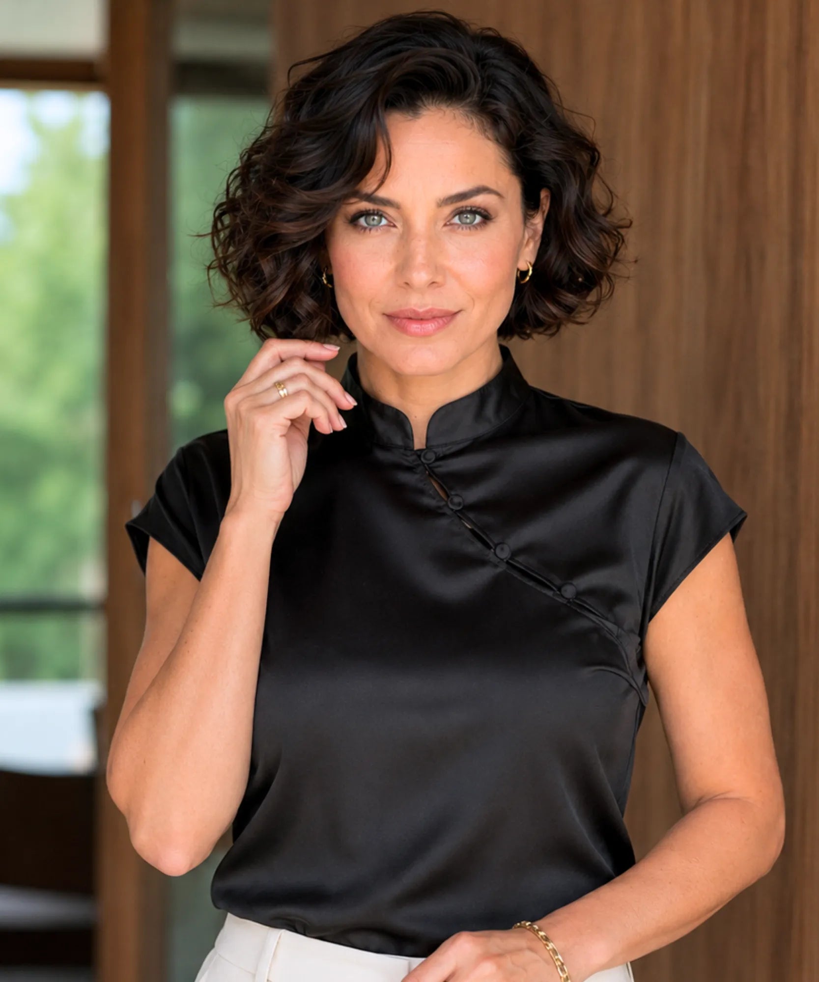 Women's high neck satin blouse in black
