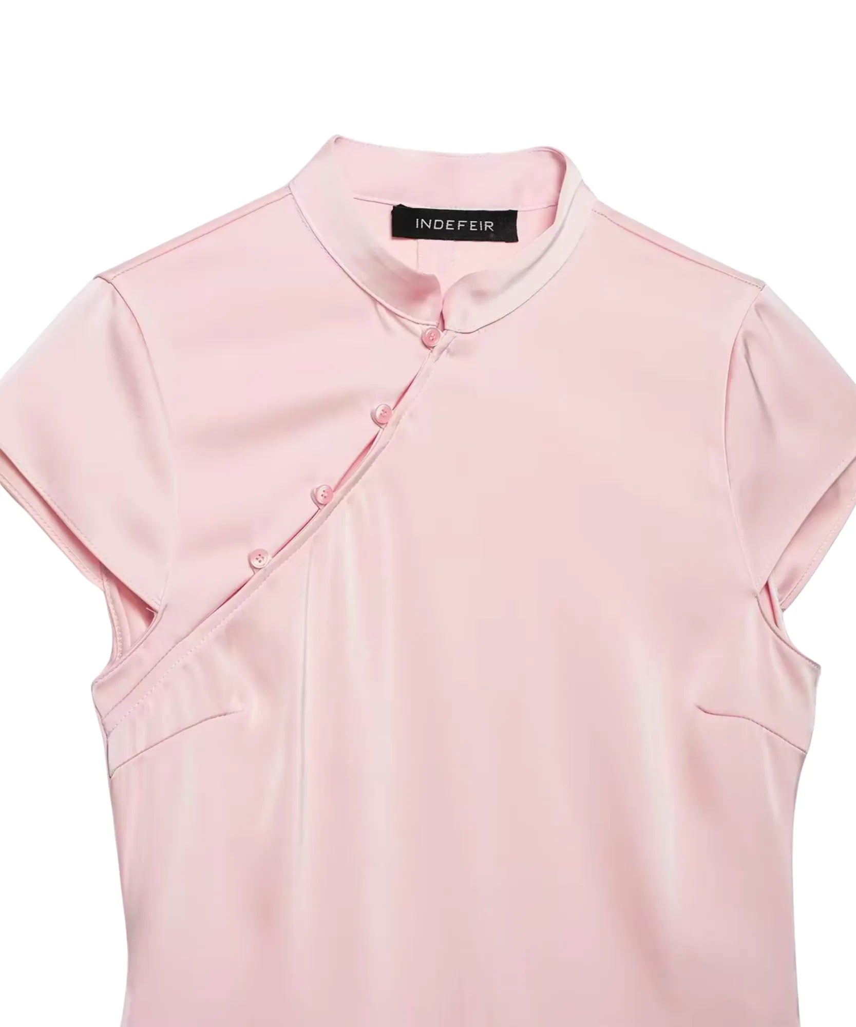 Women's high neck satin blouse, pink, asymmetric closure detail