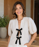 Women's Puff Sleeve Linen Blend Dressy Top with Front Bows | Akiko
