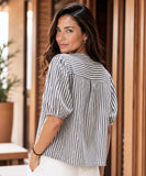 Women's Puff Sleeve Linen Blend Dressy Top with Front Bows | Akiko