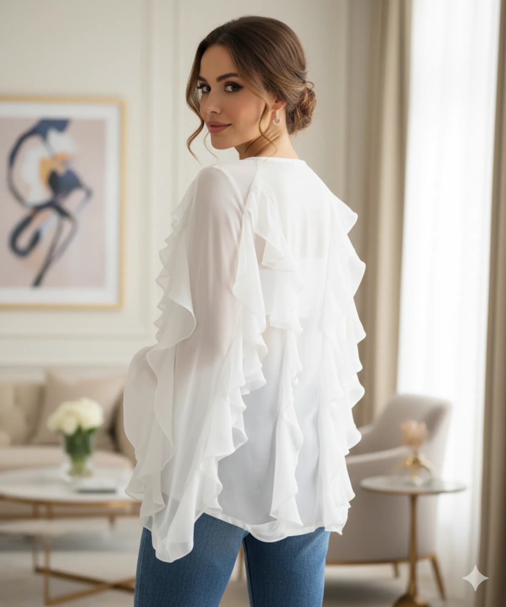 Comprar blusa social feminina branco manga longa com babados em tecido leve e transparente para looks elegantes no trabalho ou eventos sociais barato ZARA
